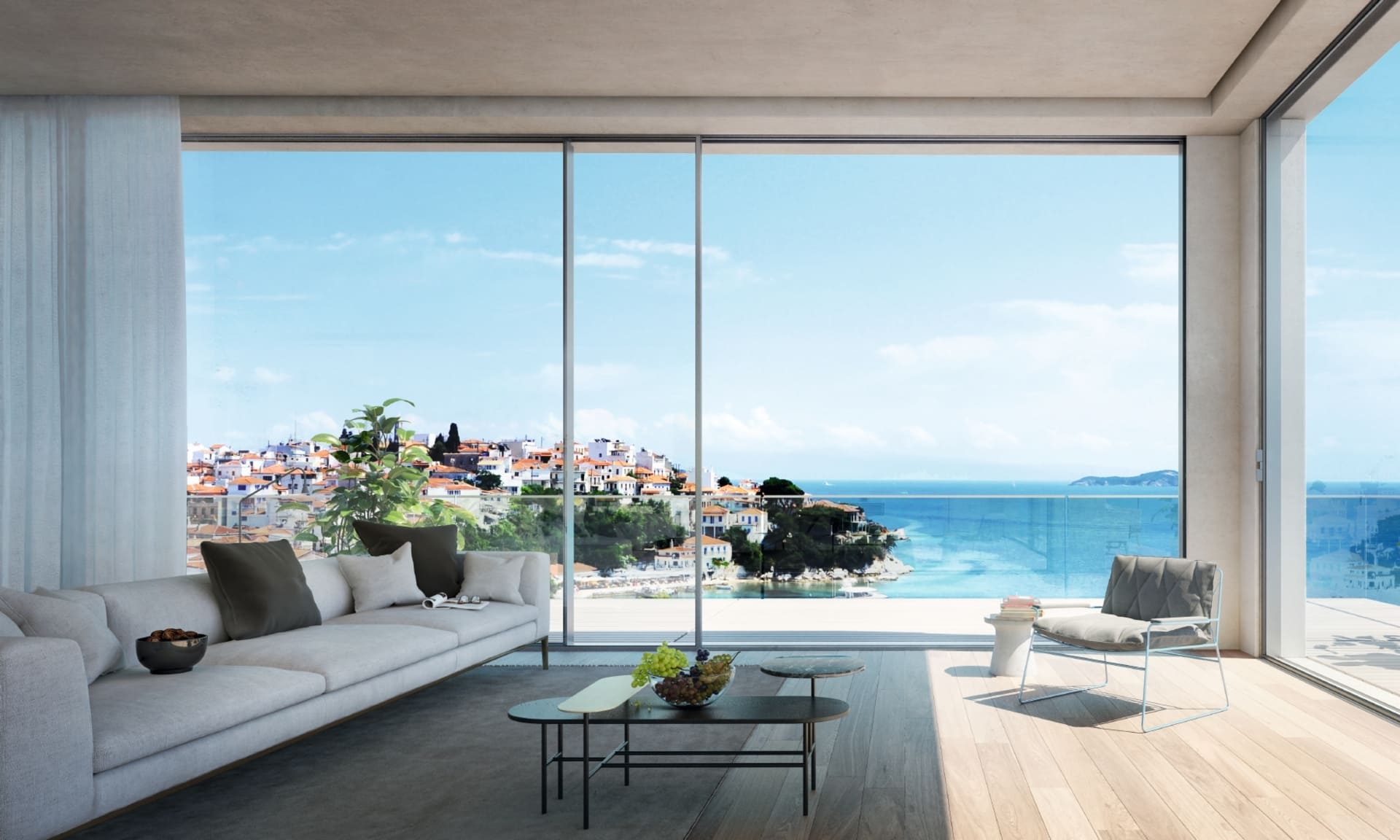 Aluminium Schiebetür in einem Wohnbereich Aluminium Schiebetür mit Blick auf das Meer