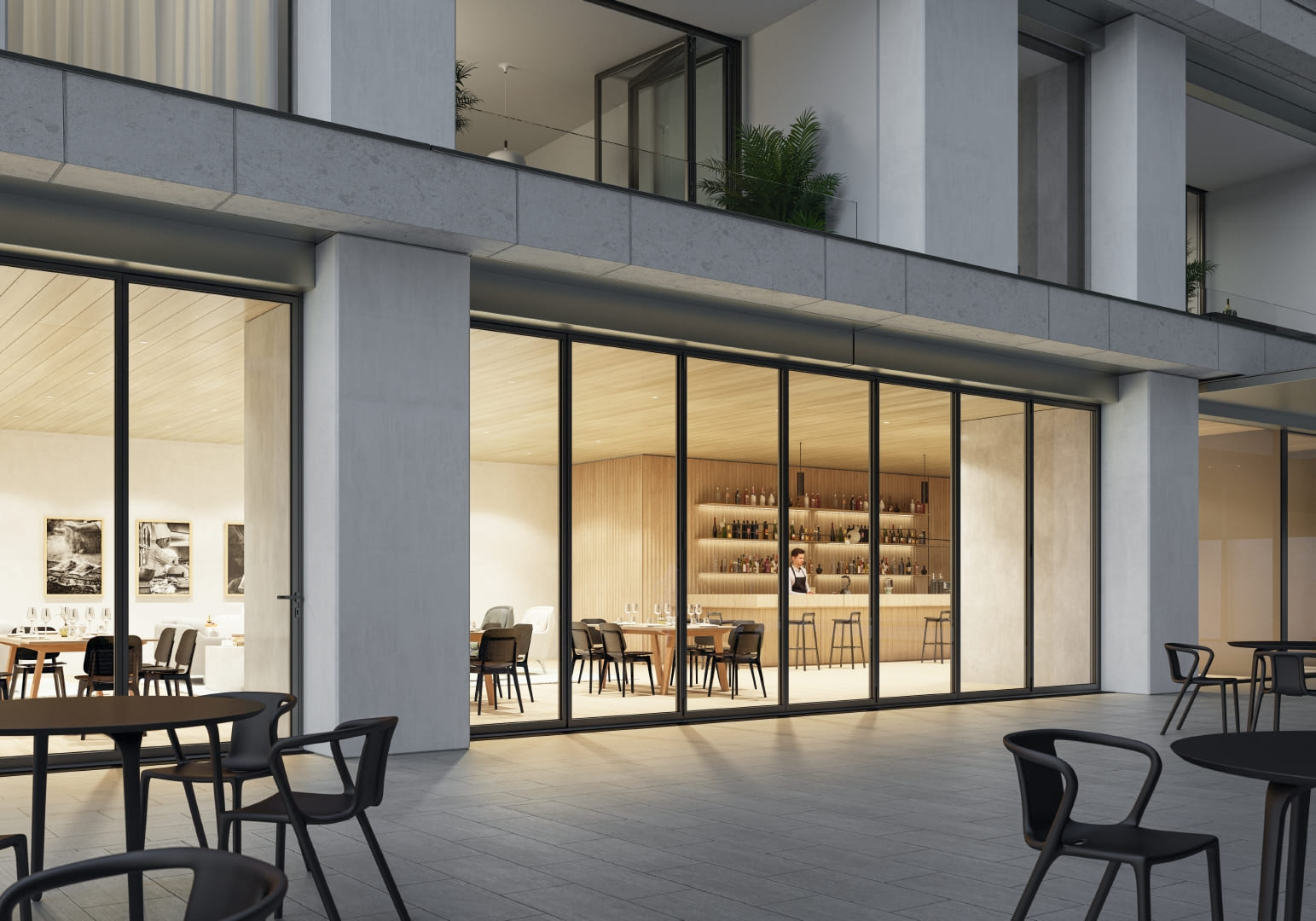 Geschlossene Aluminium Faltschiebetür in einem Restaurant